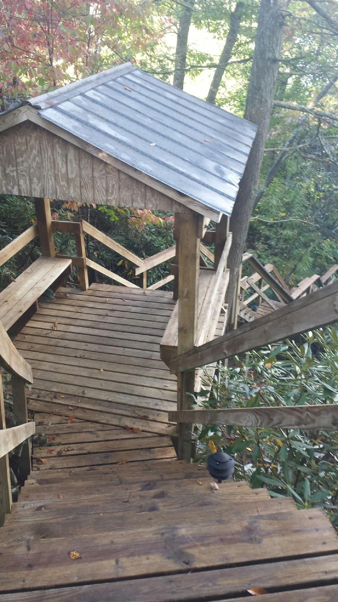 Metal roofed shelter over wooden steps on a wooded walkway — Skylight Repair & Installation work by our crew in Sunland